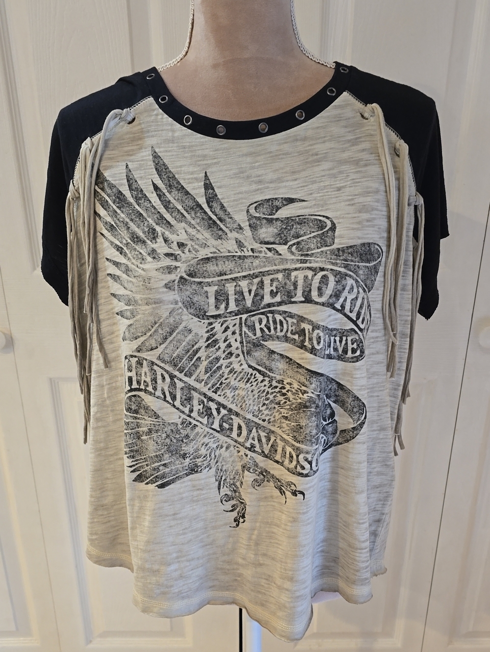 Womens XL Harley-Davidson Black & Heather Gray Fringe Graphic Raglan Tee